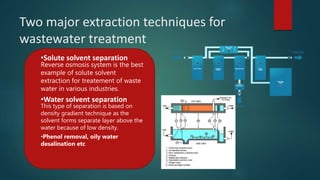 Two major extraction techniques for
wastewater treatment
•Solute solvent separation
Reverse osmosis system is the best
example of solute solvent
extraction for treatement of waste
water in various industries.
•Water solvent separation
This type of separation is based on
density gradient technique as the
solvent forms separate layer above the
water because of low density.
•Phenol removal, oily water
desalination etc
 