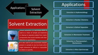 Solvent Extraction
Solvent extraction is a technique which is
used as a mean of sample pre-treatment
or cleanup to separate analyte from matrix
components that would interfere with their
detection or quantitation.
It is also used to pre-concentrate analytes
present in samples at very low levels which
might otherwise be difficult or impossible
to detect or quantify.
 