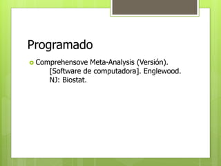 Programado 
 Comprehensove Meta-Analysis (Versión). 
[Software de computadora]. Englewood. 
NJ: Biostat. 
 