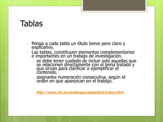 Tablas 
• Ponga a cada tabla un título breve pero claro y 
explicativo. 
• Las tablas, constituyen elementos complementarios 
e importantes en un trabajo de investigación. 
o se debe tener cuidado de incluir solo aquellas que 
se relacionen directamente con el tema tratado y 
que sirvan para clarificar o ejemplificar el 
contenido. 
o asignarles numeración consecutiva, según el 
orden en que aparezcan en el trabajo. 
http://www.um.es/analesps/apaestad/index.html 
 