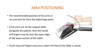 ARM POSITIONING
• The recommended position of the arms is
on armrests far from the table hinge point.
• If the arms are on the surgical table
alongside the patient, then the hands
and fingers may lie near the open edge
of the lower section of the table.
• Crush injury of fingers may occur when the foot of the table is raised.
 