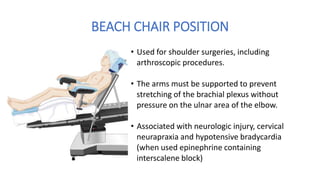 BEACH CHAIR POSITION
• Used for shoulder surgeries, including
arthroscopic procedures.
• The arms must be supported to prevent
stretching of the brachial plexus without
pressure on the ulnar area of the elbow.
• Associated with neurologic injury, cervical
neurapraxia and hypotensive bradycardia
(when used epinephrine containing
interscalene block)
 