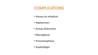 COMPLICATIONS
• Venous air embolism
• Hypotension
• Airway obstruction
• Macroglossia
• Pneumocephalus
• Quadriplegia
 