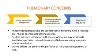 PULMONARY CONCERNS
Supine position from
erect posture
Cephalad displacement
of the diaphragm &
abdominal contents
Reduction in
FRC, TV, TLC
• Anesthetized persons who are spontaneously breathing have a reduced
TV, FRC and an increased closing volume.
• Positive pressure ventilation with muscle relaxation may ameliorate
ventilation-perfusion mismatches under GA by maintaining adequate
minute ventilation.
• Gravity affects the preferential perfusion of the dependent portions of
lung.
 