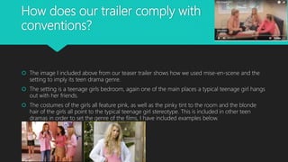 How does our trailer comply with
conventions?
 The image I included above from our teaser trailer shows how we used mise-en-scene and the
setting to imply its teen drama genre.
 The setting is a teenage girls bedroom, again one of the main places a typical teenage girl hangs
out with her friends.
 The costumes of the girls all feature pink, as well as the pinky tint to the room and the blonde
hair of the girls all point to the typical teenage girl stereotype. This is included in other teen
dramas in order to set the genre of the films, I have included examples below.
 
