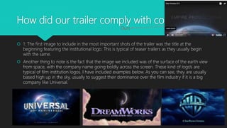How did our trailer comply with conventions?
 1: The first image to include in the most important shots of the trailer was the title at the
beginning featuring the institutional logo. This is typical of teaser trailers as they usually begin
with the same.
 Another thing to note is the fact that the image we included was of the surface of the earth view
from space, with the company name going boldly across the screen. These kind of logo’s are
typical of film institution logos. I have included examples below. As you can see, they are usually
based high up in the sky, usually to suggest their dominance over the film industry if it is a big
company like Universal.
Ours
 