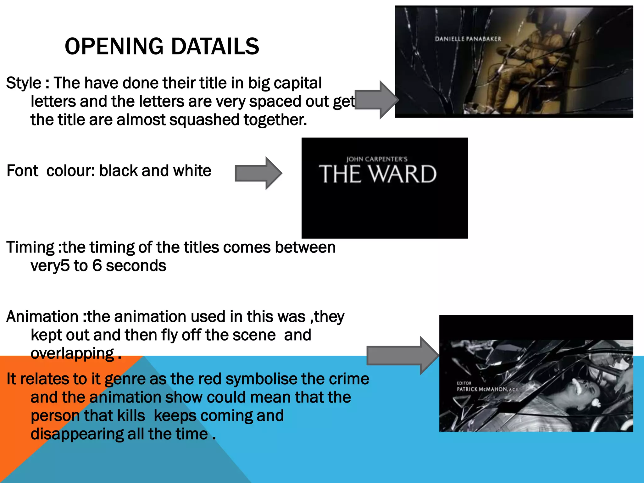 OPENING DATAILS
Style : The have done their title in big capital
   letters and the letters are very spaced out get
   the title are almost squashed together.


Font colour: black and white



Timing :the timing of the titles comes between
   very5 to 6 seconds


Animation :the animation used in this was ,they
   kept out and then fly off the scene and
   overlapping .
It relates to it genre as the red symbolise the crime
     and the animation show could mean that the
     person that kills keeps coming and
     disappearing all the time .
 
