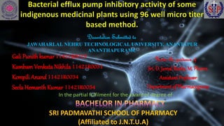 Gali Punithkumar11421R0019
KambamVenkata Nikhila 11421R0031
Kempili Anand11421R0034
Seela HemanthKumar 11421R0054
Dissertation Submitted to
JAWAHARLAL NEHRU TECHNOLOGICAL UNIVERSITY, ANANTAPUR
ANANTHAPURAMU
In the partial fulfilment for the award of degree of
Under the guidance of
Sri. D. Jamal Basha, M. Pharm.
AssistantProfessor
Department of Pharmacognosy
SRI PADMAVATHI SCHOOL OF PHARMACY
(Affiliated to J.N.T.U.A)
 