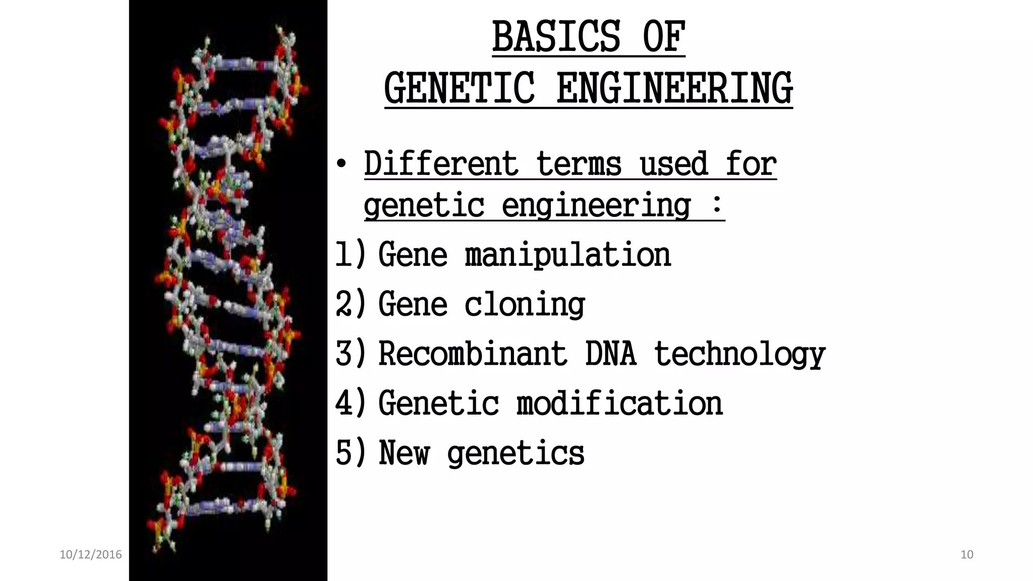 BASICS OF
GENETIC ENGINEERING
• Different terms used for
genetic engineering :
1) Gene manipulation
2) Gene cloning
3) Recombinant DNA technology
4) Genetic modification
5) New genetics
10
An Introduction to Genetic Engineering (Desmond S. T. Nicholl) Edi :3rd 2008
Chapter 2 . Page 3
10
10/12/2016
 
