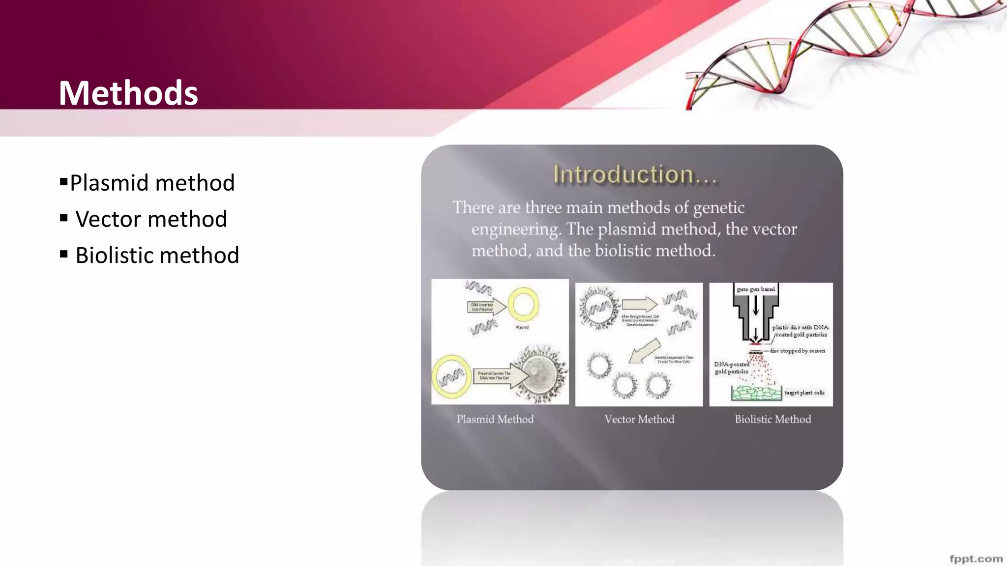 Methods
Plasmid method
 Vector method
 Biolistic method
 