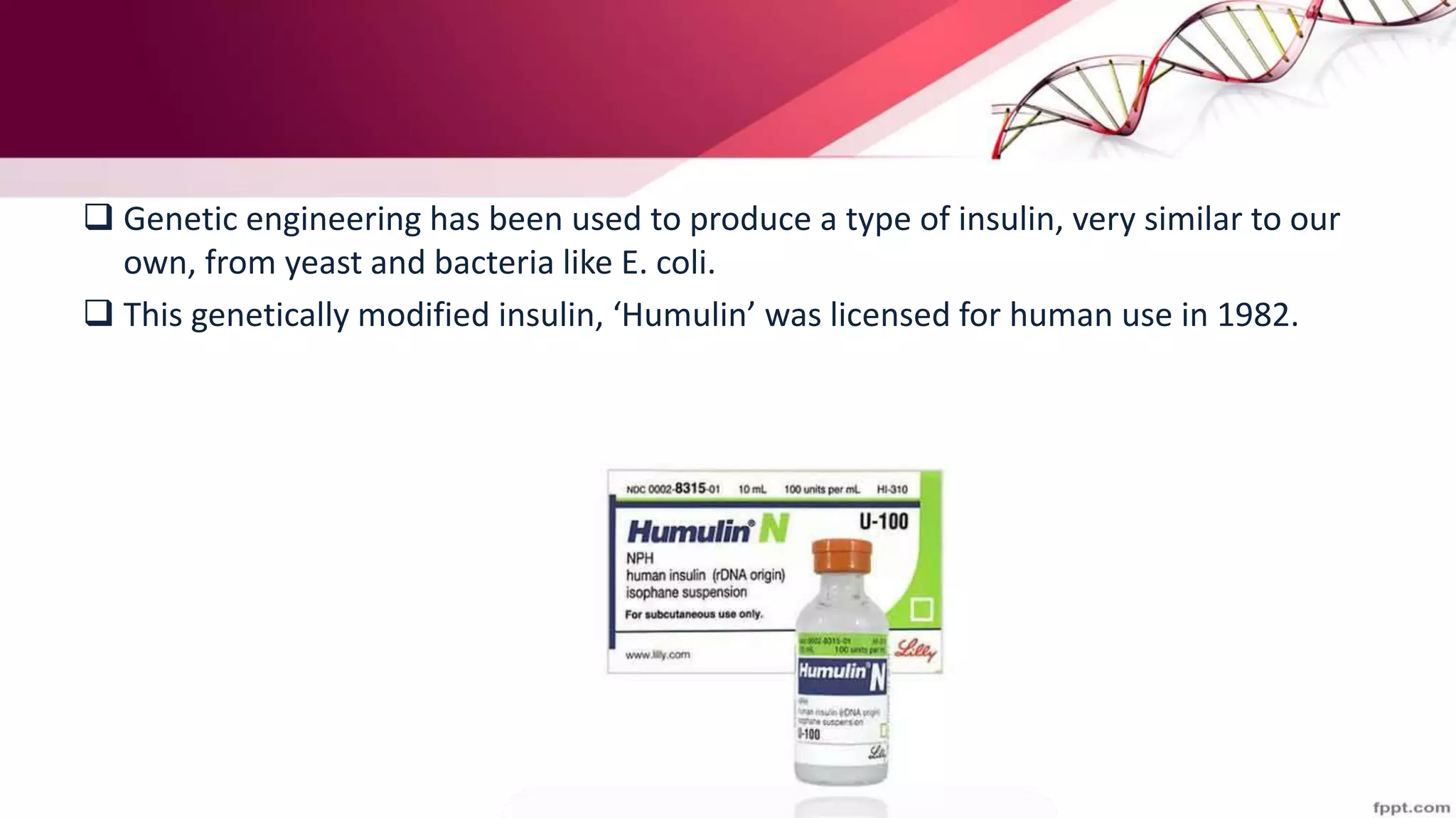  Genetic engineering has been used to produce a type of insulin, very similar to our
own, from yeast and bacteria like E. coli.
 This genetically modified insulin, ‘Humulin’ was licensed for human use in 1982.
 