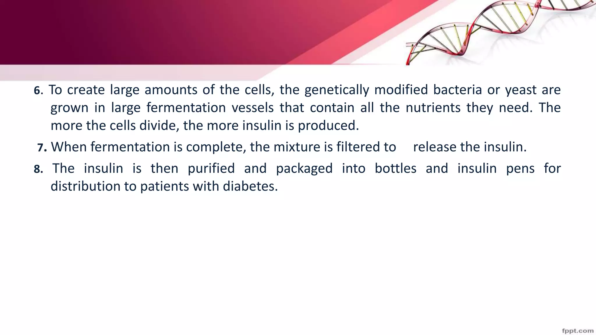 6. To create large amounts of the cells, the genetically modified bacteria or yeast are
grown in large fermentation vessels that contain all the nutrients they need. The
more the cells divide, the more insulin is produced.
7. When fermentation is complete, the mixture is filtered to release the insulin.
8. The insulin is then purified and packaged into bottles and insulin pens for
distribution to patients with diabetes.
 