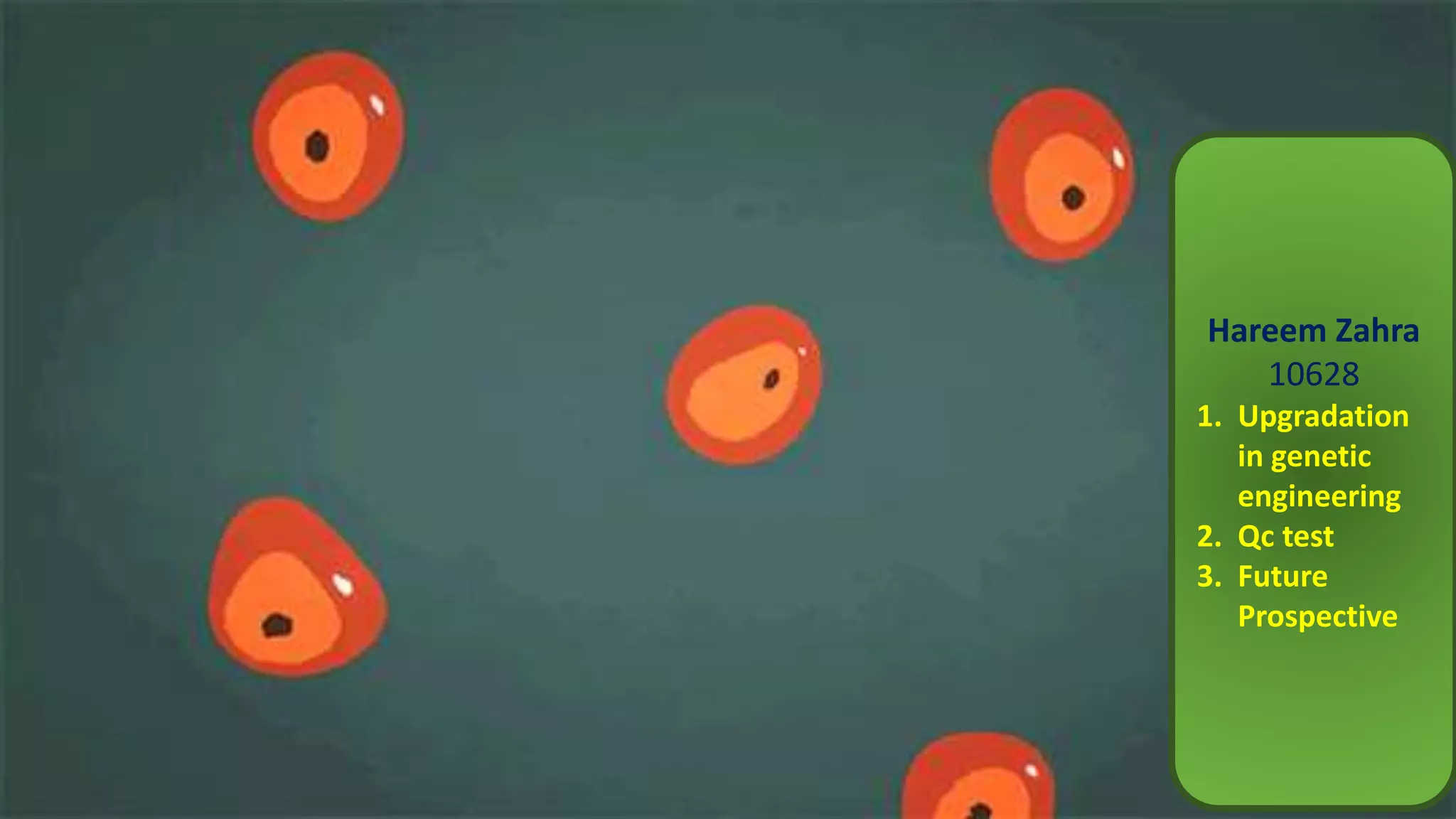 Hareem Zahra
10628
1. Upgradation
in genetic
engineering
2. Qc test
3. Future
Prospective
 