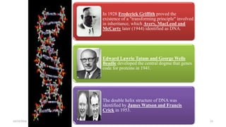 In 1928 Frederick Griffith proved the
existence of a "transforming principle" involved
in inheritance, which Avery, MacLeod and
McCarty later (1944) identified as DNA.
Edward Lawrie Tatum and George Wells
Beadle developed the central dogma that genes
code for proteins in 1941.
The double helix structure of DNA was
identified by James Watson and Francis
Crick in 1953.
1510/12/2016
 