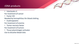 rDNA products
• Interleukin-2
For treatment of cancer
• Factor VIII
Needed by hemophiliacs for blood clotting
• Erythropoietin
For treatment of anemia
• Tumor necrosis factor
For treatment of tumors
• Tissue plasminogen activator
Use to dissolve blood clots
 