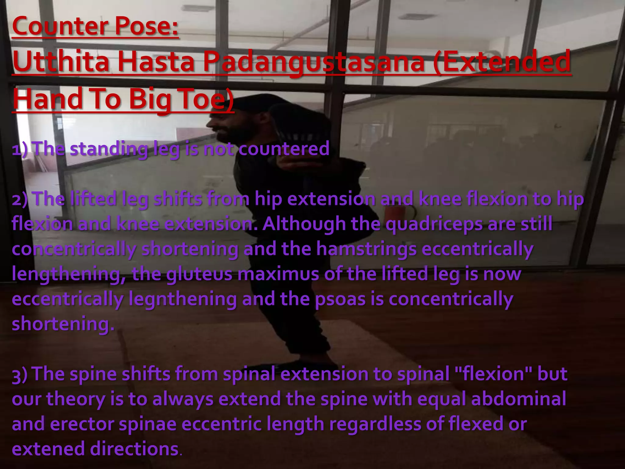 Counter Pose:
Utthita Hasta Padangustasana (Extended
HandTo BigToe)
1)The standing leg is not countered
2)The lifted leg shifts from hip extension and knee flexion to hip
flexion and knee extension. Although the quadriceps are still
concentrically shortening and the hamstrings eccentrically
lengthening, the gluteus maximus of the lifted leg is now
eccentrically legnthening and the psoas is concentrically
shortening.
3)The spine shifts from spinal extension to spinal "flexion" but
our theory is to always extend the spine with equal abdominal
and erector spinae eccentric length regardless of flexed or
extened directions.
 