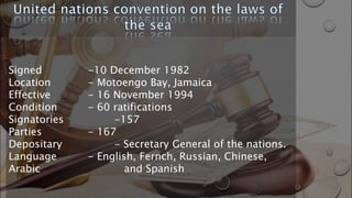 Signed -10 December 1982
Location - Motoengo Bay, Jamaica
Effective - 16 November 1994
Condition - 60 ratifications
Signatories -157
Parties - 167
Depositary - Secretary General of the nations.
Language - English, Fernch, Russian, Chinese,
Arabic and Spanish
 