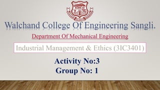 Walchand College Of Engineering Sangli.
Department Of Mechanical Engineering
Industrial Management & Ethics (3IC3401)
Activity No:3
Group No: 1
 