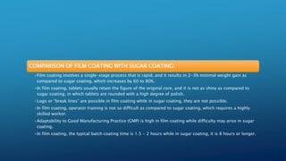 COMPARISON OF FILM COATING WITH SUGAR COATING:
•Film coating involves a single-stage process that is rapid, and it results in 2-3% minimal weight gain as
compared to sugar coating, which increases by 60 to 80%.
•In film coating, tablets usually retain the figure of the original core, and it is not as shiny as compared to
sugar coating, in which tablets are rounded with a high degree of polish.
•Logo or “break lines” are possible in film coating while in sugar coating, they are not possible.
•In film coating, operator training is not so difficult as compared to sugar coating, which requires a highly
skilled worker.
•Adaptability to Good Manufacturing Practice (GMP) is high in film coating while difficulty may arise in sugar
coating.
•In film coating, the typical batch coating time is 1.5 - 2 hours while in sugar coating, it is 8 hours or longer.
 