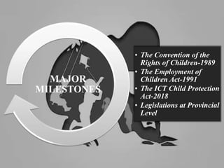 • The Convention of the
Rights of Children-1989
• The Employment of
Children Act-1991
• The ICT Child Protection
Act-2018
• Legislations at Provincial
Level
MAJOR
MILESTONES
 