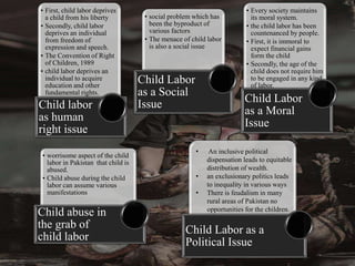 • First, child labor deprives
a child from his liberty
• Secondly, child labor
deprives an individual
from freedom of
expression and speech.
• The Convention of Right
of Children, 1989
• child labor deprives an
individual to acquire
education and other
fundamental rights.
Child labor
as human
right issue
• social problem which has
been the byproduct of
various factors
• The menace of child labor
is also a social issue
Child Labor
as a Social
Issue
• Every society maintains
its moral system.
• the child labor has been
countenanced by people.
• First, it is immoral to
expect financial gains
form the child
• Secondly, the age of the
child does not require him
to be engaged in any kind
of labor.
Child Labor
as a Moral
Issue
• worrisome aspect of the child
labor in Pakistan that child is
abused.
• Child abuse during the child
labor can assume various
manifestations
Child abuse in
the grab of
child labor
Child Labor as a
Political Issue
• An inclusive political
dispensation leads to equitable
distribution of wealth.
• an exclusionary politics leads
to inequality in various ways
• There is feudalism in many
rural areas of Pakistan no
opportunities for the children.
 