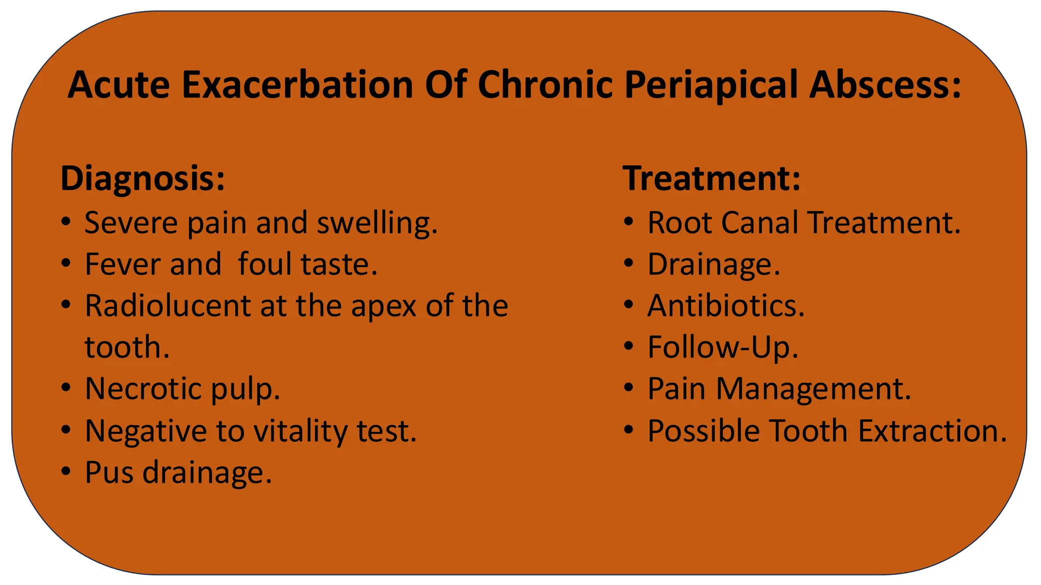 Acute Exacerbation Of Chronic Periapical Abscess:
Diagnosis:
• Severe pain and swelling.
• Fever and foul taste.
• Radiolucent at the apex of the
tooth.
• Necrotic pulp.
• Negative to vitality test.
• Pus drainage.
Treatment:
• Root Canal Treatment.
• Drainage.
• Antibiotics.
• Follow-Up.
• Pain Management.
• Possible Tooth Extraction.
 