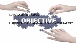 1. ANALYZETEST RESULT
2. RECOMMEND NATIONAL ROLL-OUT STRATEGY
 