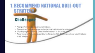 1.RECOMMEND NATIONAL ROLL-OUT
STRATEGY
• Poor performance at Southeastern states.
• Competitors may pursue aggressive national roll-out at the same time.
• Frito-Lay might introduce a new line of crackers at the same time.
• Advertise and Marketing expenditure,along with high DSD expenditure would reduce
profit margins.
Challenges:
 