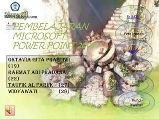 SMP N 18 Semarang

PEMBELAJARAN
MICROSOFT
POWER POINT 2007
OKTAVIA GITA PRASTIWI
(19)
RAHMAT ADI PRADANA
(22)
TAUFIK AL FARUK (27)
WIDYAWATI
(28)

Sk &KD

Peta konsep

Materi

Uji
Kompetensi

remidi

Kunci
jawaban

 