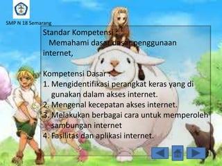 SMP N 18 Semarang

Standar Kompetensi :
Memahami dasar dasar penggunaan
internet,
Kompetensi Dasar :
1. Mengidentifikasi perangkat keras yang di
gunakan dalam akses internet.
2. Mengenal kecepatan akses internet.
3. Melakukan berbagai cara untuk memperoleh
sambungan internet
4. Fasilitas dan aplikasi internet.

 