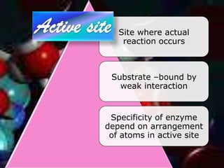 Site where actual
    reaction occurs



 Substrate –bound by
   weak interaction


 Specificity of enzyme
depend on arrangement
 of atoms in active site
 