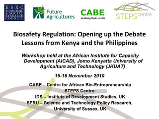 Biosafety Regulation: Opening up the Debate Lessons from Kenya and the Philippines ,[object Object],[object Object],[object Object],[object Object],[object Object],[object Object],[object Object]