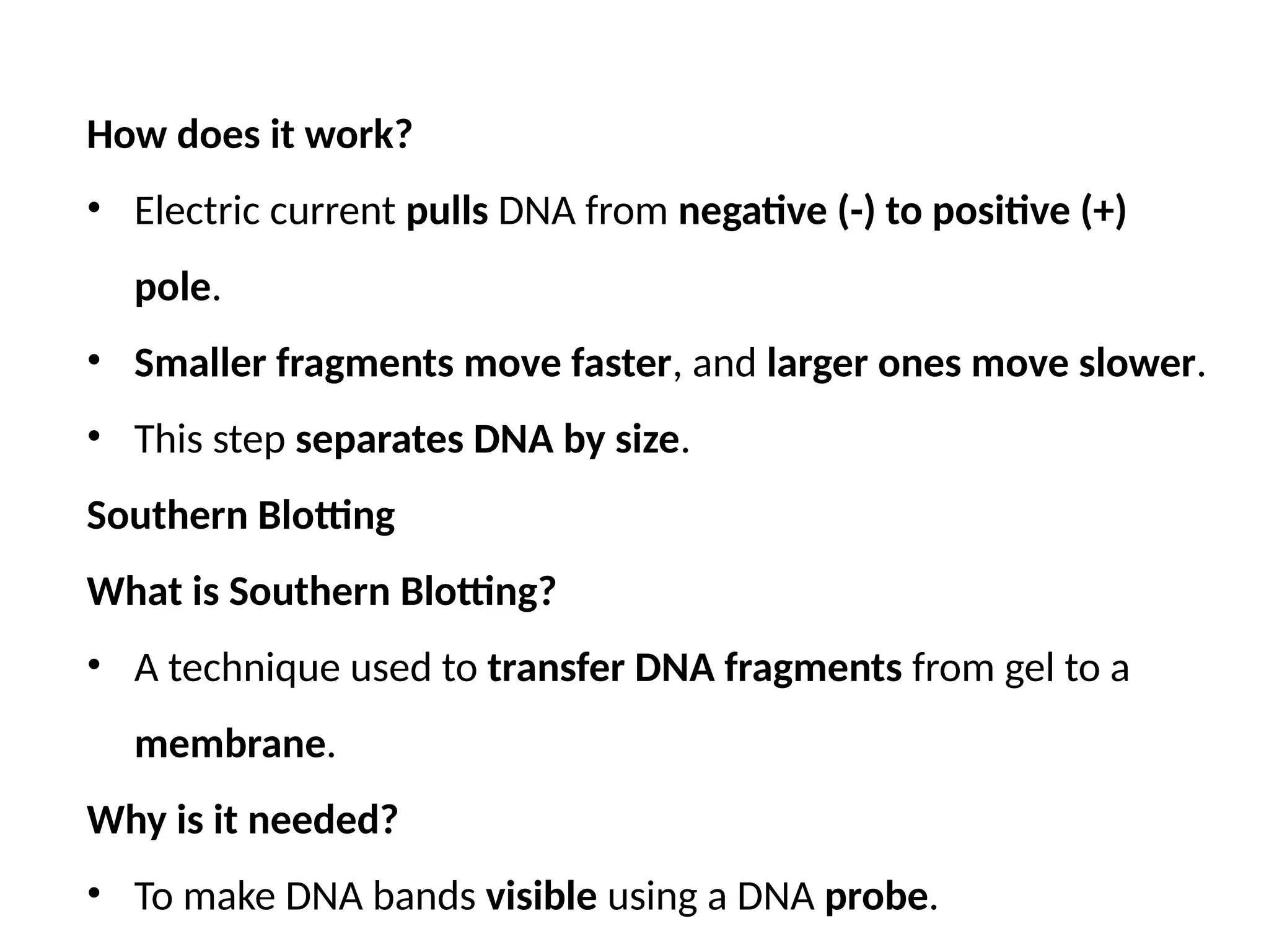How does it work?
• Electric current pulls DNA from negative (-) to positive (+)
pole.
• Smaller fragments move faster, and larger ones move slower.
• This step separates DNA by size.
Southern Blotting
What is Southern Blotting?
• A technique used to transfer DNA fragments from gel to a
membrane.
Why is it needed?
• To make DNA bands visible using a DNA probe.
 