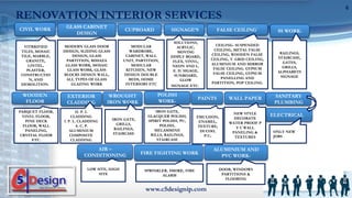 www.c5designip.com
6
CIVIL WORK CUPBOARD
GLASS CABINET
DESIGN
WOODEN
FLOOR
WROUGHT
IRON WORK
SS WORK-FALSE CEILING`
ALUMINIUM AND
PVC WORK-
ELECTRICAL
SANITARY
PLUMBING
EXTERIOR
CLADDING
AIR –
CONDITIONING
PAINTS
POLISH
WORK-
WALL PAPER
SIGNAGE’S
FIRE FIGHTING WORK
MODERN GLASS DOOR
DESIGN, SLIDING GLASS
DESIGN, GLASS
PARTITION, BISSAZA
GLASS WORK, MOSAIC
GLASS WORK, GLASS
BLOCKS DESIGN WALL,
ALL TYPES OF GLASS
GLAZING WORK
VITRRIFIED
TILES, MOSAIC
TILE, MARBLE,
GRANITE,
LINTEL,
PLASTER,
CONSTRUCTIO
N, AND
DEMOLITION.
MODULAR
WARDROBE,
CABINET, WALL
UNIT, PARTITION,
MODULAR
KITCHEN, NEW
DESIGN DOUBLE
BEDS, HOME
INTERIORS ETC
PARQUET FLOOR,
VINYL FLOOR,
PINE DECK
FLOOR, WALL
PANELING,
CRYSTAL FLOOR
ETC.
IRON GATE,
GRILLS,
RAILINGS,
STAIRCASE
RAILINGS,
STAIRCASE,
GATES,
GRILLS,
ALPHABETS
SIGNAGE
SPRINKLER, SMOKE, FIRE
ALARM
SOLUTIONS,
ACRYLIC,
MOVING
DISPLY BOARD,
FLEX, VINYL,
NEON AND L.
E. D. SIGAGE,
SUNBOARD,
GLOW
SIGNAGE ETC.
IRON GATE,
GLACQUER POLISH,
SPIRIT POLISH, PU,
POLISH,
MELAMMINE
RILLS, RAILINGS,
STAIRCASE
LOW SITE, HIGH
SITE
DOOR, WINDOWS
PARTITIONS &
FLOORING
NEW STYLE
DECORATE
WATER PROOF P
V C WALL
PANELING &
TEXTURES
EMULSION,
ENAMEL,
TEXTURE,
DUCOO,
P.U,
H. P. L
CLADDING
I. P. L. CLADDING
A. C. P.
ALUMINIUM
COMPOSITE
CLADDING
ONLY NEW
JOBS
CEILING- SUSPENDED
CEILING, METAL FALSE
CEILING, WOODEN FALSE
CEILING, T. GRID CEILING,
ALUMINIUM AND MIRROR
FALSE CEILING. GYPSUM
FALSE CEILING, GYPSUM
PANELLING AND
PARTITION, POP CEILING.
RENOVATION INTERIOR SERVICES
 