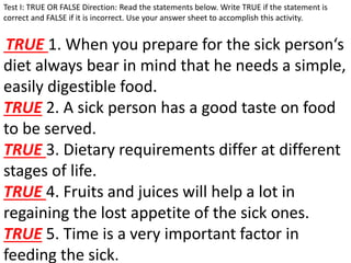 Test I: TRUE OR FALSE Direction: Read the statements below. Write TRUE if the statement is
correct and FALSE if it is incorrect. Use your answer sheet to accomplish this activity.
TRUE 1. When you prepare for the sick person‘s
diet always bear in mind that he needs a simple,
easily digestible food.
TRUE 2. A sick person has a good taste on food
to be served.
TRUE 3. Dietary requirements differ at different
stages of life.
TRUE 4. Fruits and juices will help a lot in
regaining the lost appetite of the sick ones.
TRUE 5. Time is a very important factor in
feeding the sick.
 