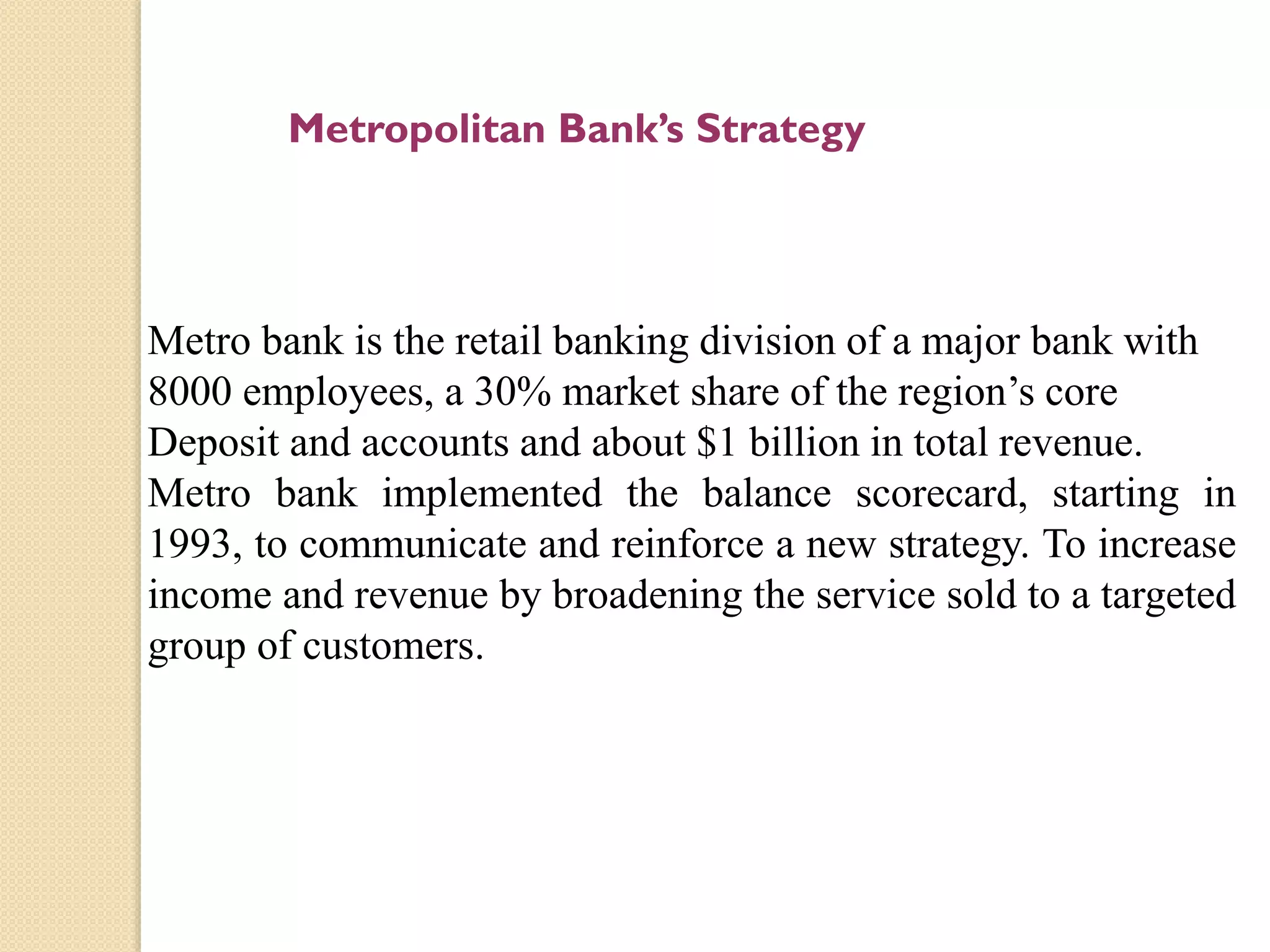 Metropolitan Bank’s Strategy

Metro bank is the retail banking division of a major bank with
8000 employees, a 30% market share of the region’s core
Deposit and accounts and about $1 billion in total revenue.
Metro bank implemented the balance scorecard, starting in
1993, to communicate and reinforce a new strategy. To increase
income and revenue by broadening the service sold to a targeted
group of customers.

 