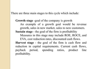 There are three main stages to this cycle which include:

Growth stage -goal of the company is growth
An example of a growth goal would be revenue
growth, sales in new market, sales to new customers.
Sustain stage - the goal of the firm is profitability
Measures in this stage may include ROE, ROCE, and
EVA, cost reduction rates, discounted cash flows.
Harvest stage - the goal of the firm is cash flow and
reduction in capital requirements. Current cash flows,
payback period, spending ratios, product line
profitability.

 