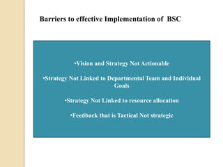 Barriers to effective Implementation of BSC

•Vision and Strategy Not Actionable
•Strategy Not Linked to Departmental Team and Individual
Goals
•Strategy Not Linked to resource allocation
•Feedback that is Tactical Not strategic

 