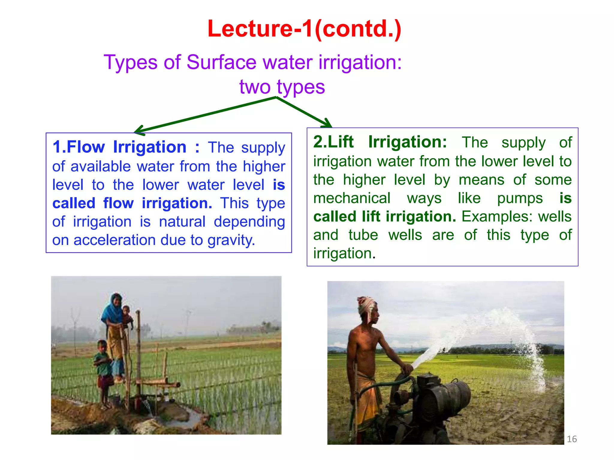 16
Types of Surface water irrigation:
two types
1.Flow Irrigation : The supply
of available water from the higher
level to the lower water level is
called flow irrigation. This type
of irrigation is natural depending
on acceleration due to gravity.
2.Lift Irrigation: The supply of
irrigation water from the lower level to
the higher level by means of some
mechanical ways like pumps is
called lift irrigation. Examples: wells
and tube wells are of this type of
irrigation.
Lecture-1(contd.)
 