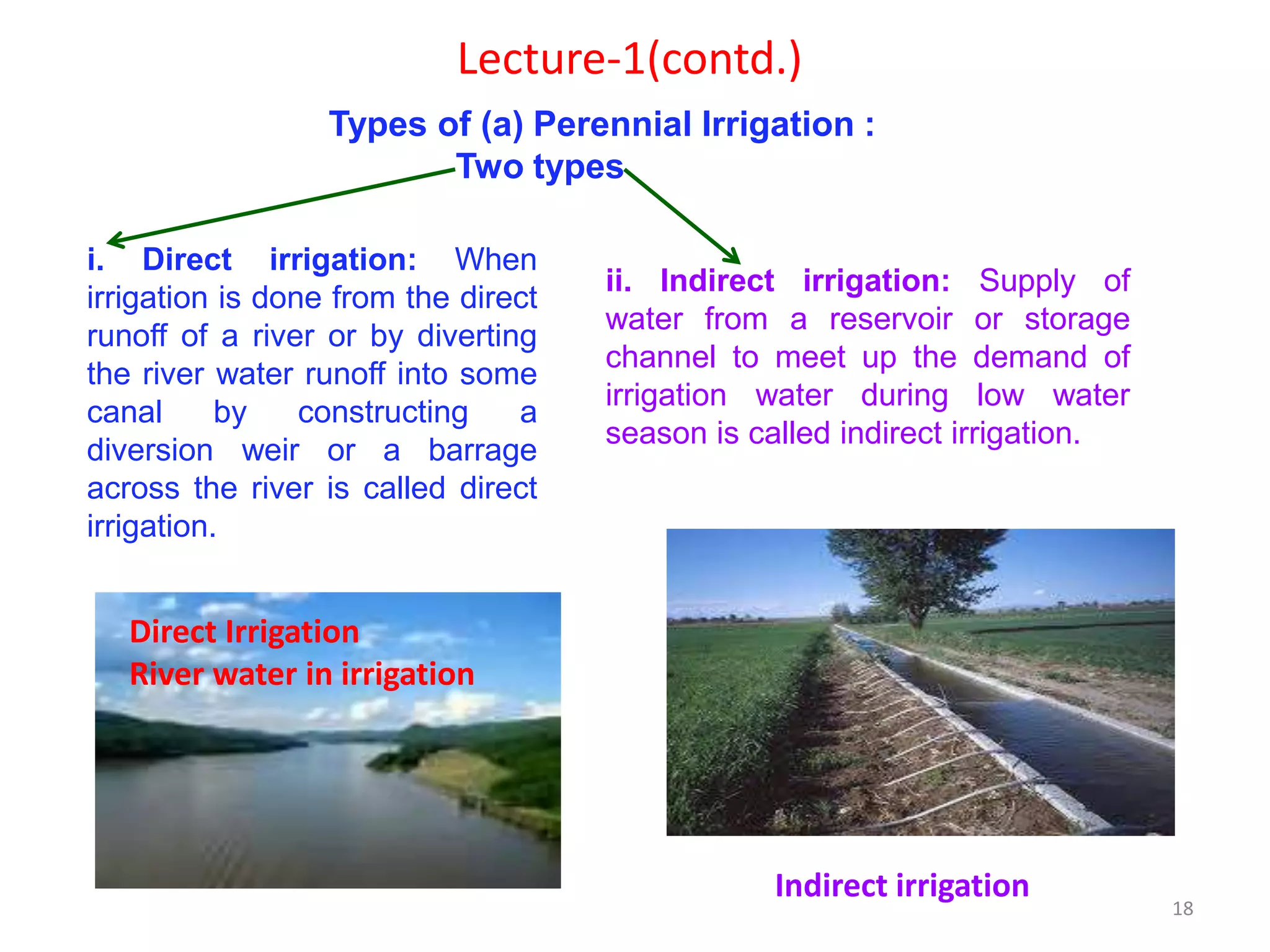 18
Lecture-1(contd.)
Types of (a) Perennial Irrigation :
Two types
i. Direct irrigation: When
irrigation is done from the direct
runoff of a river or by diverting
the river water runoff into some
canal by constructing a
diversion weir or a barrage
across the river is called direct
irrigation.
ii. Indirect irrigation: Supply of
water from a reservoir or storage
channel to meet up the demand of
irrigation water during low water
season is called indirect irrigation.
Indirect irrigation
Direct Irrigation
River water in irrigation
 