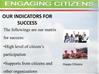 OUR INDICATORS FOR
SUCCESS
The followings are our matrix
for success:
•High level of citizen’s
participation
•Supports from citizens and
other organizations
Happy Citizens
 