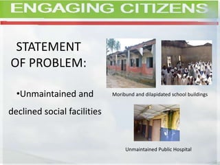 STATEMENT
OF PROBLEM:
•Unmaintained and
declined social facilities
Moribund and dilapidated school buildings
Unmaintained Public Hospital
 