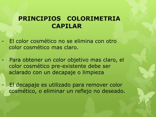 Polvo Decolorante:Se activa con el Peróxido y juntos hacen la mezclaideal para abrir la cutícula del cabello, extraer  colorde la fibra capilar.Mezclas:			     P. D.  +	 PeróxidoAlta decoloración        1     +    1Media decoloración     1     +    2Baja decoloración       1     +    3