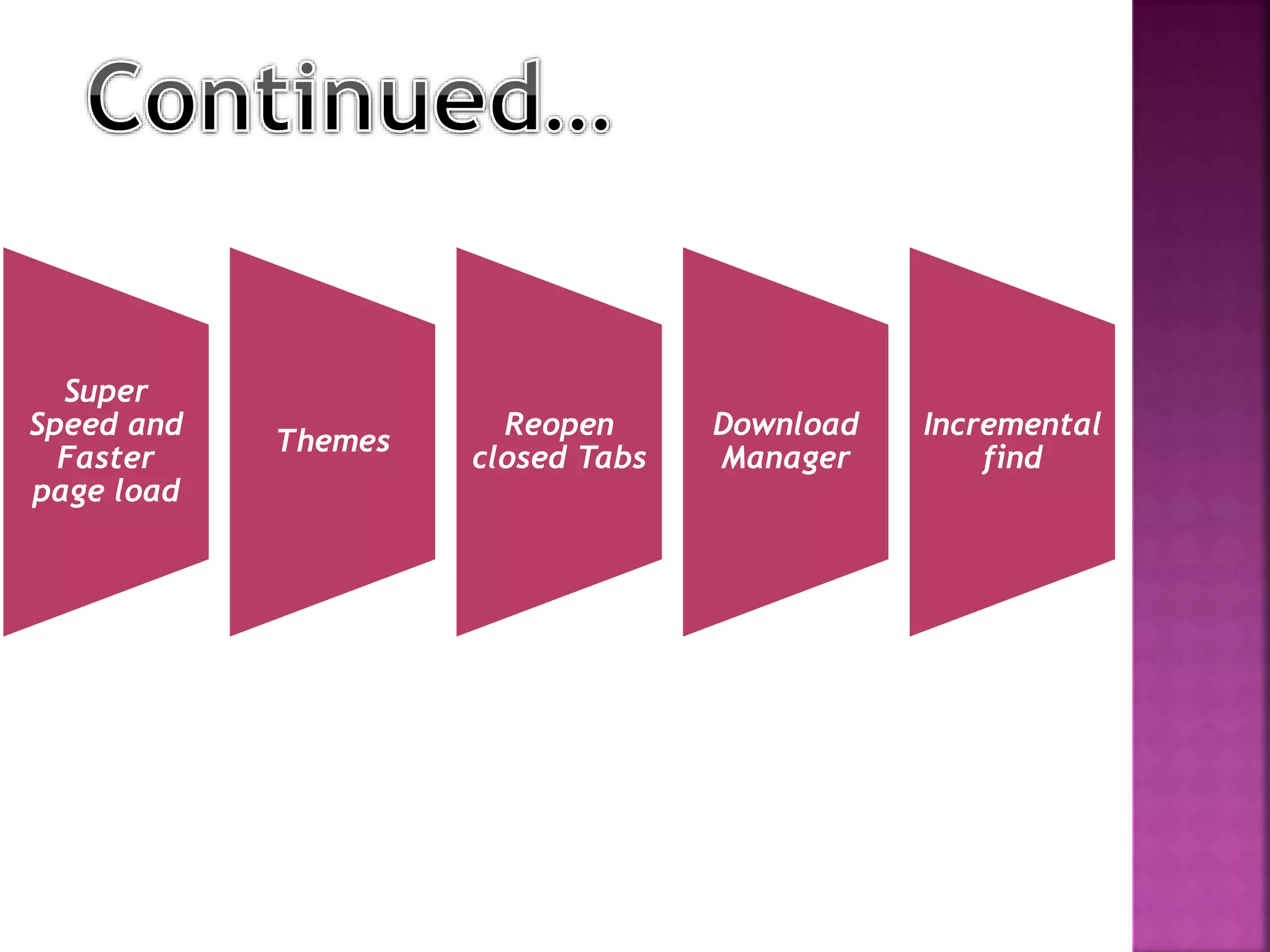 Super
Speed and
Faster
page load
Themes
Reopen
closed Tabs
Download
Manager
Incremental
find
 