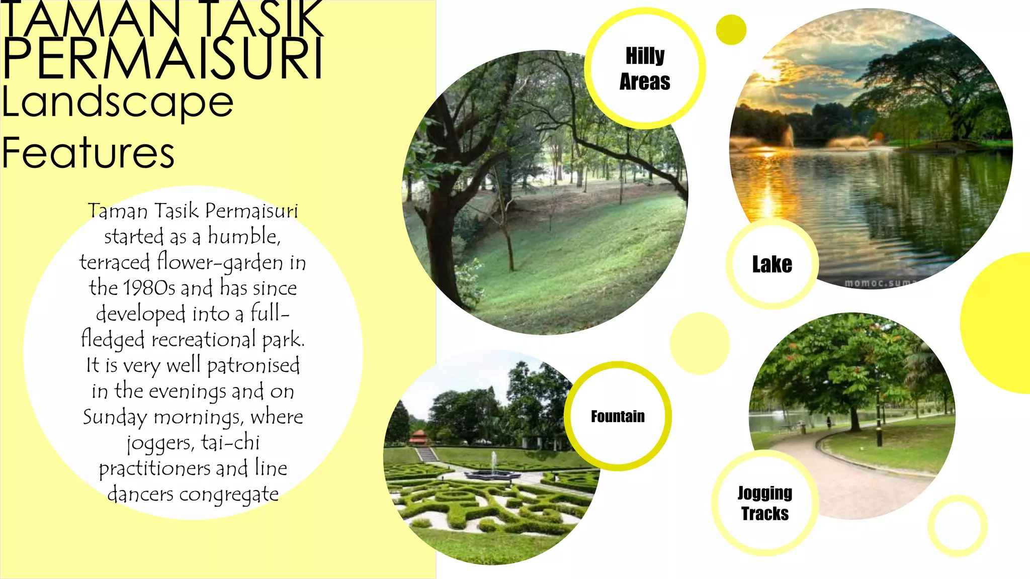 TAMAN TASIK
PERMAISURI
Landscape
Features
Taman Tasik Permaisuri
started as a humble,
terraced flower-garden in
the 1980s and has since
developed into a full-
fledged recreational park.
It is very well patronised
in the evenings and on
Sunday mornings, where
joggers, tai-chi
practitioners and line
dancers congregate
Lake
Hilly
Areas
Jogging
Tracks
Fountain
 