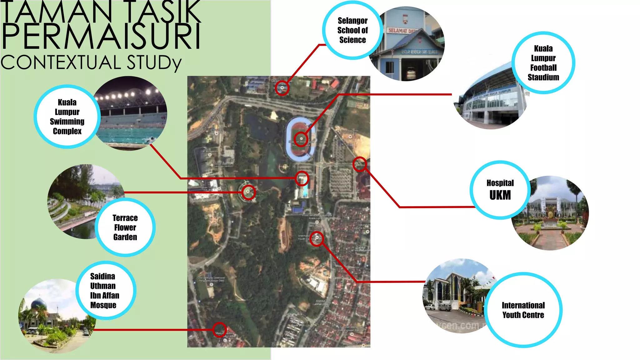 TAMAN TASIK
PERMAISURI
CONTEXTUAL STUDy
Selangor
School of
Science
Kuala
Lumpur
Football
Staudium
Hospital
UKM
Kuala
Lumpur
Swimming
Complex
Terrace
Flower
Garden
Saidina
Uthman
Ibn Affan
Mosque International
Youth Centre
 
