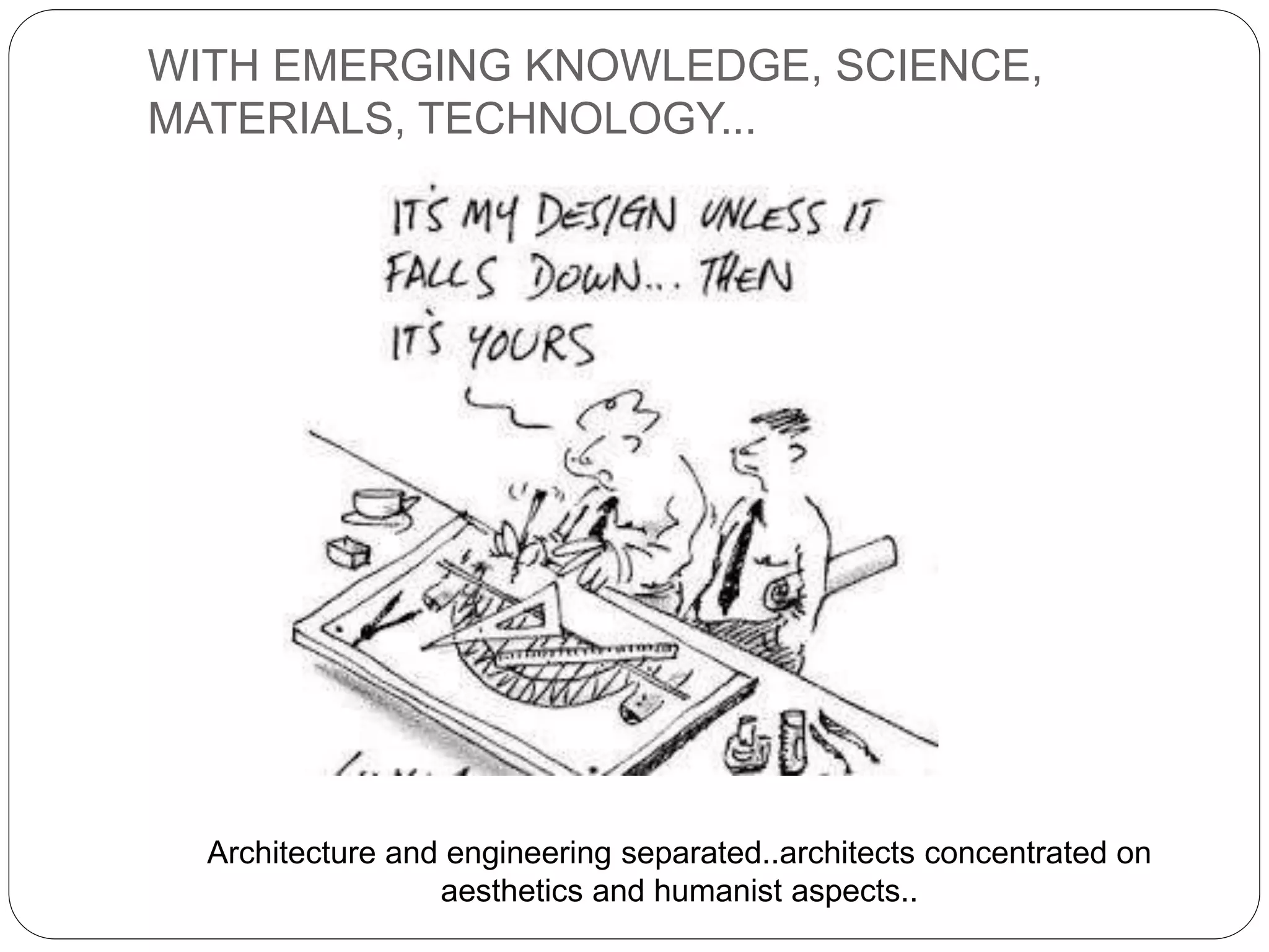 WITH EMERGING KNOWLEDGE, SCIENCE,
MATERIALS, TECHNOLOGY...
Architecture and engineering separated..architects concentrated on
aesthetics and humanist aspects..
 