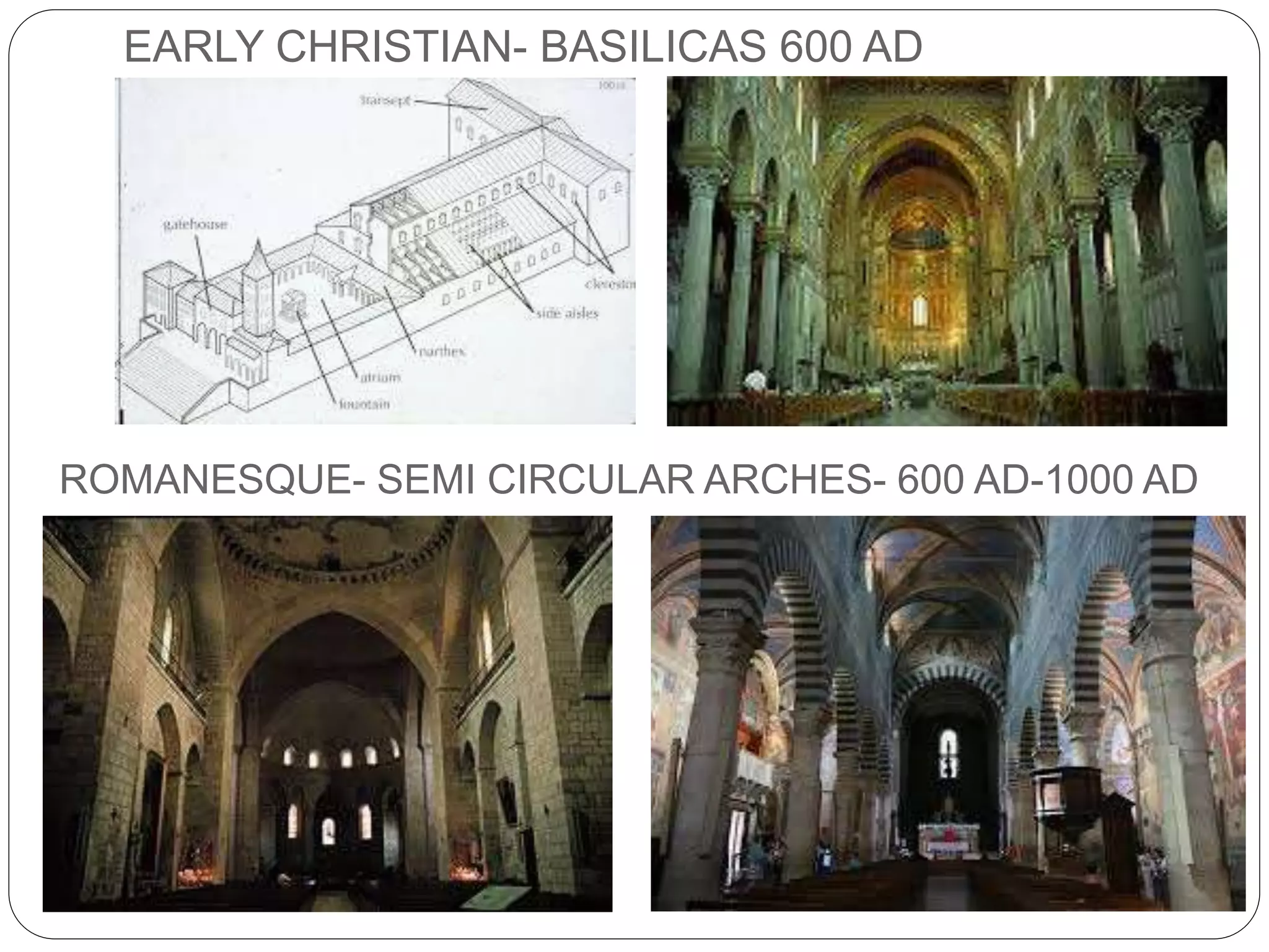 EARLY CHRISTIAN- BASILICAS 600 AD
ROMANESQUE- SEMI CIRCULAR ARCHES- 600 AD-1000 AD
 
