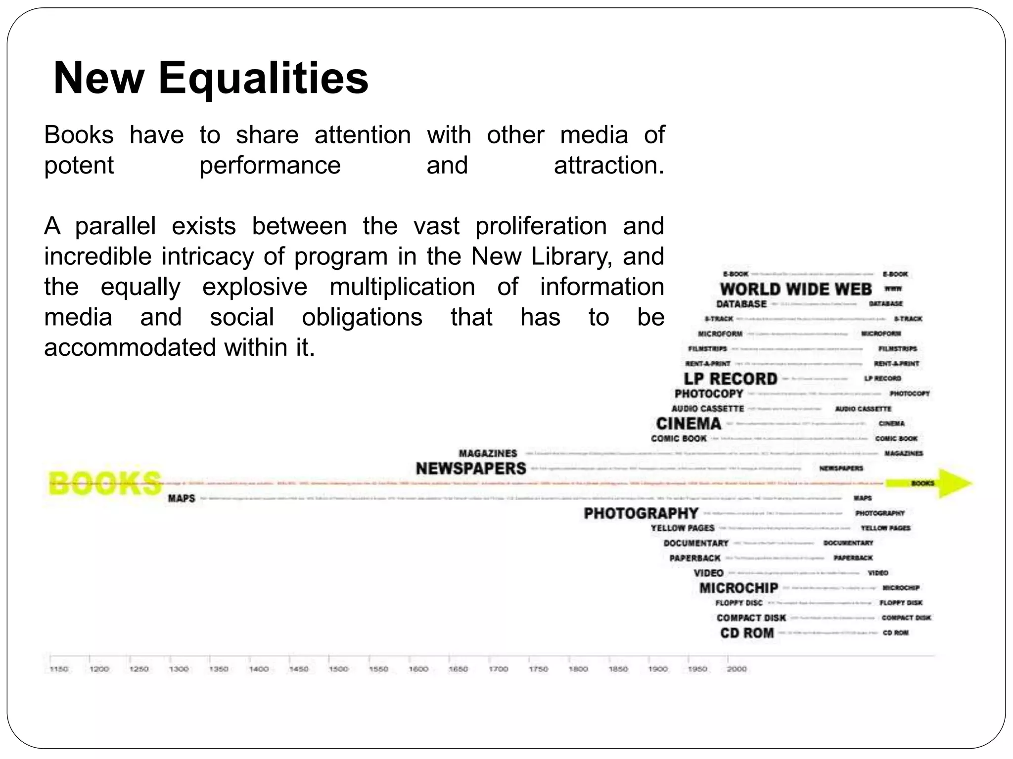 Books have to share attention with other media of
potent performance and attraction.
A parallel exists between the vast proliferation and
incredible intricacy of program in the New Library, and
the equally explosive multiplication of information
media and social obligations that has to be
accommodated within it.
New Equalities
 