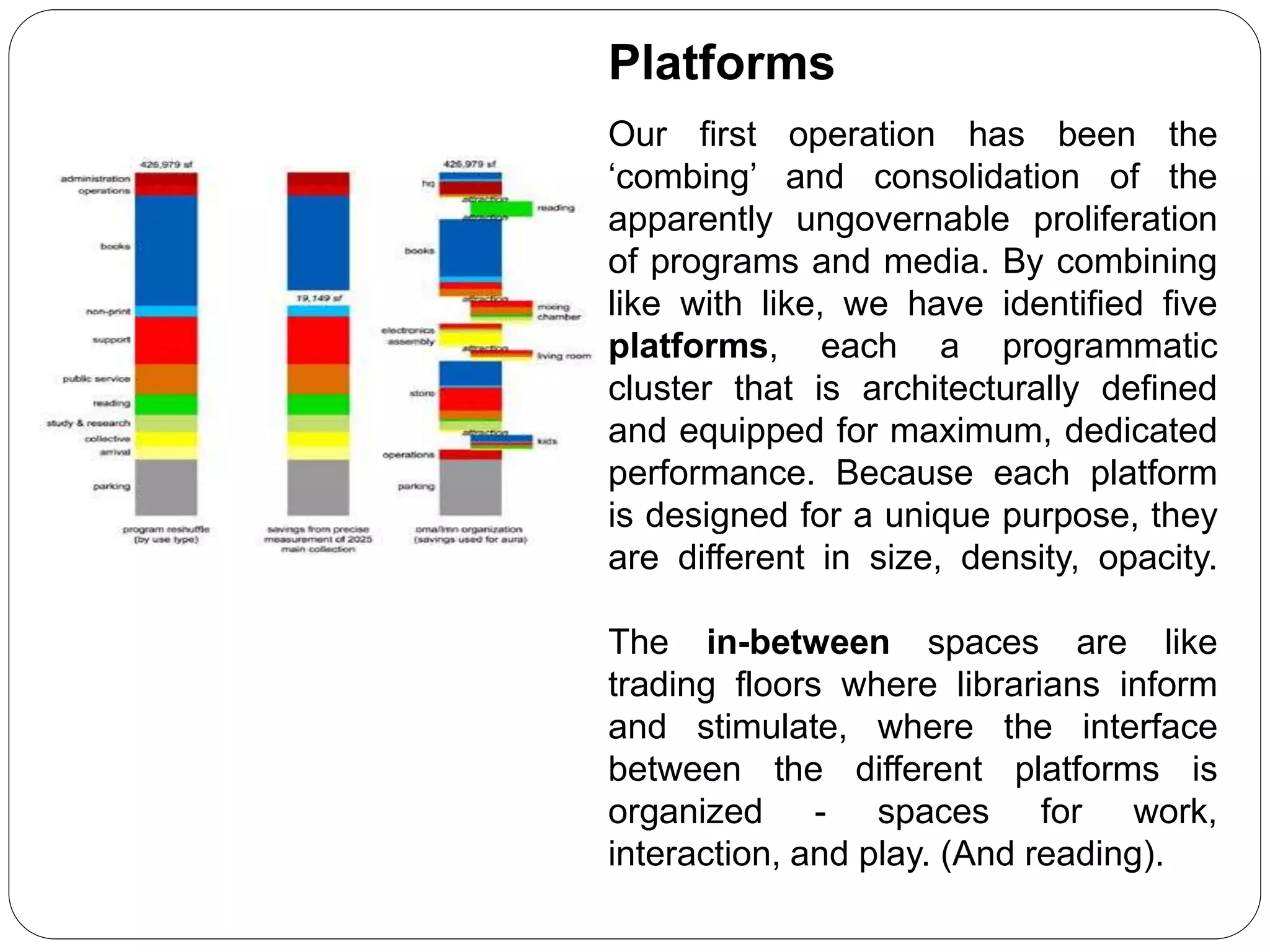 Platforms
Our first operation has been the
‘combing’ and consolidation of the
apparently ungovernable proliferation
of programs and media. By combining
like with like, we have identified five
platforms, each a programmatic
cluster that is architecturally defined
and equipped for maximum, dedicated
performance. Because each platform
is designed for a unique purpose, they
are different in size, density, opacity.
The in-between spaces are like
trading floors where librarians inform
and stimulate, where the interface
between the different platforms is
organized - spaces for work,
interaction, and play. (And reading).
 